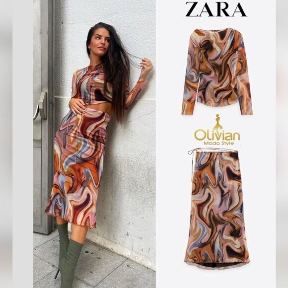 ZARA SET Printed tulle โSet Top And Skirt Organge Beige Brown Combiation - Picture 1 of 16